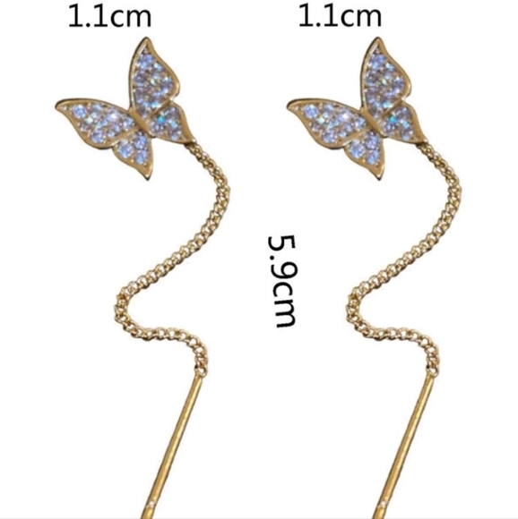 NEW Gold Plated Butterfly Diamond Threader Earrings - Picture 3 of 4